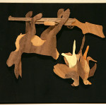Michael Alm "Two Birds and a Hare" $200 wood veneers 13x7
